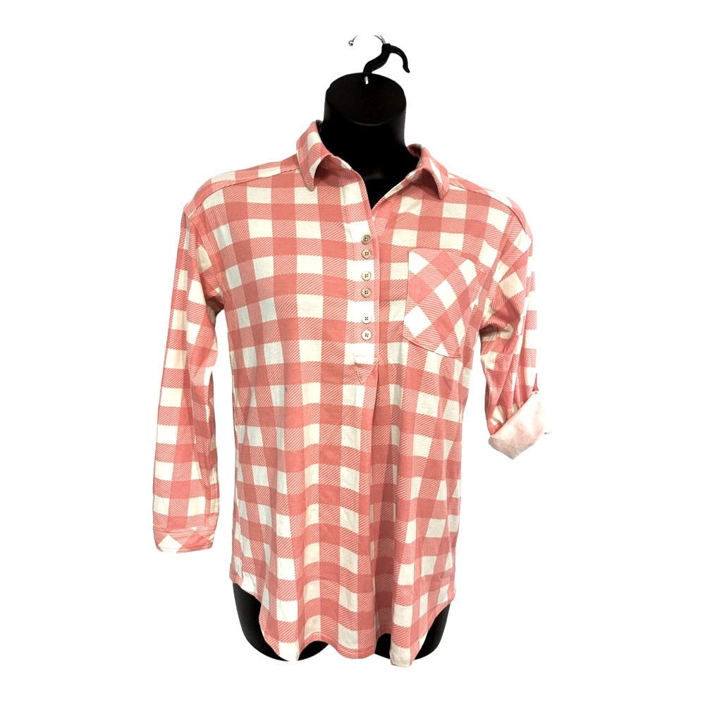 Country Door Soft Rayon Stretch Flannel Pink Plaid Shirt Career Casual Knit Top - Picture 4 of 12